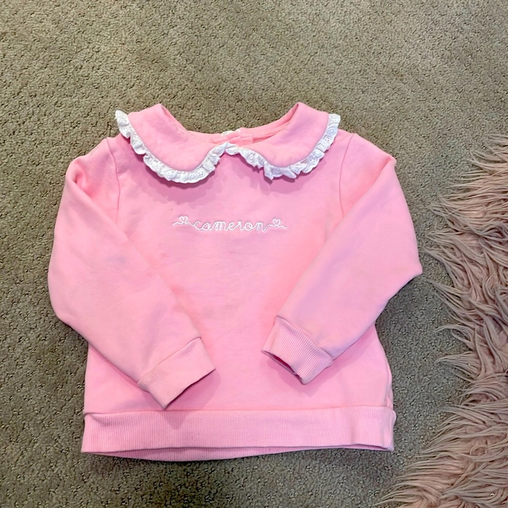 Cecil and Lou darling pink sweater with “Cameron” embroidered. Size 3T